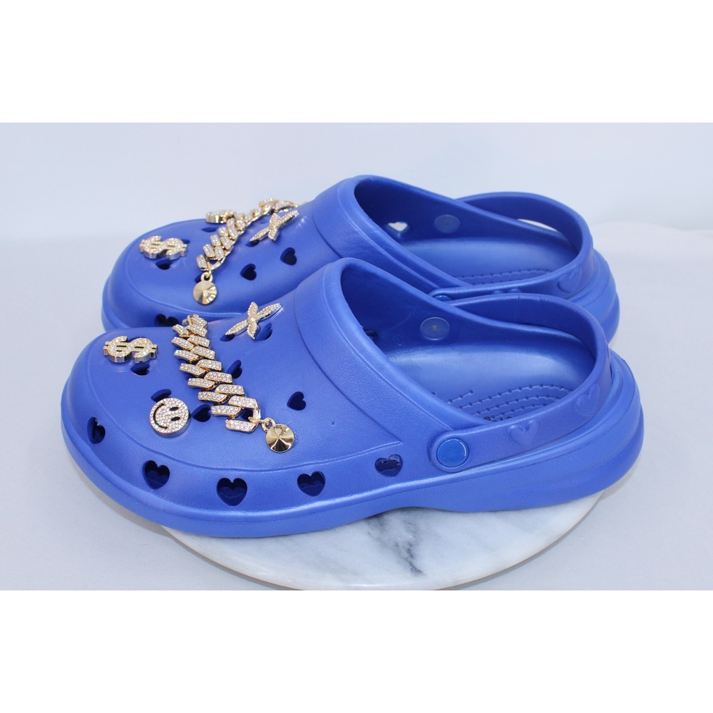 Bon Joli Blue Heart Cutout Platform Clogs Gold Cuban Link Charms Womens 11